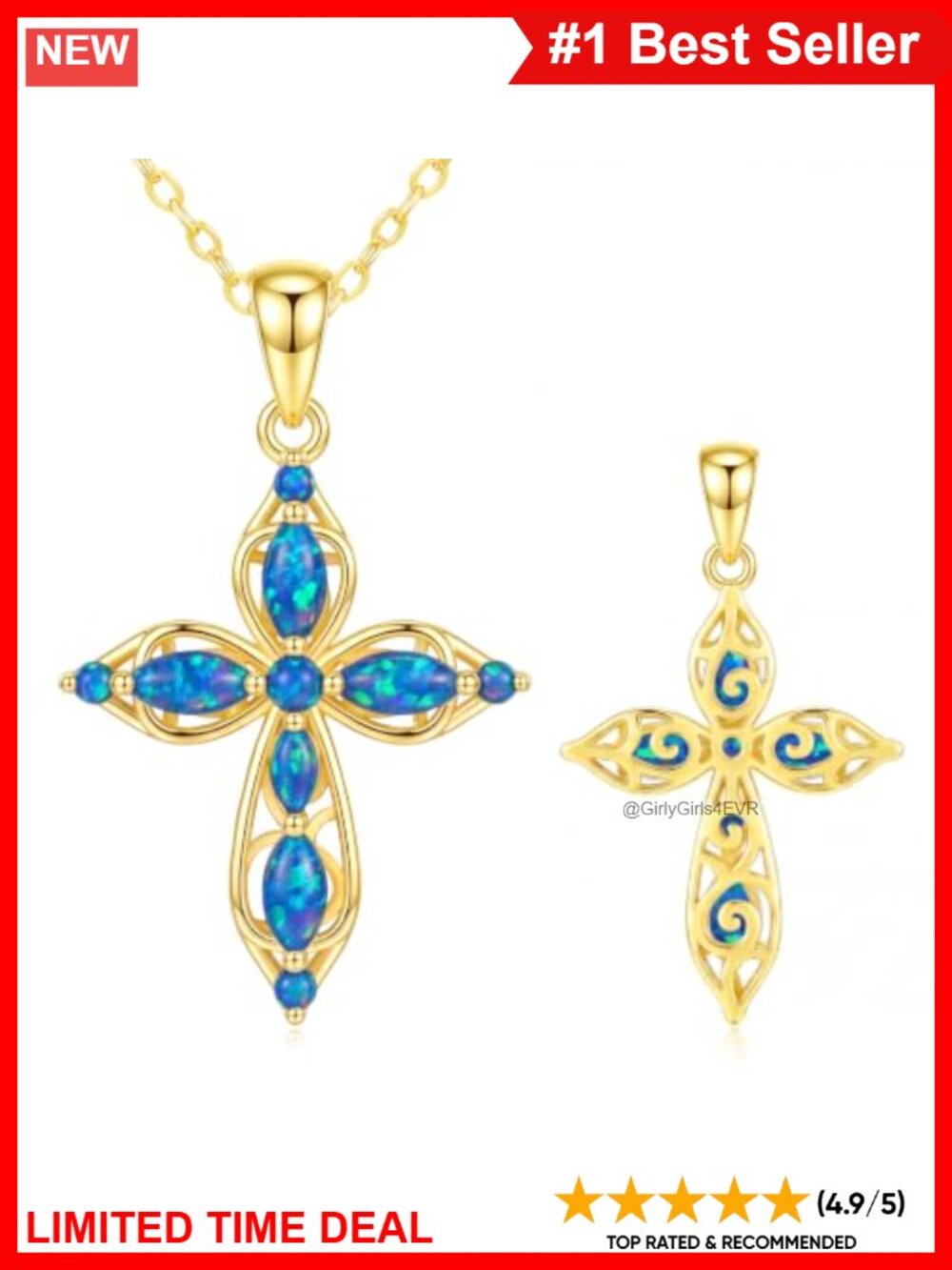 14K Gold Plated Opal Cross Necklace Adjustable 20 Inch Pendant